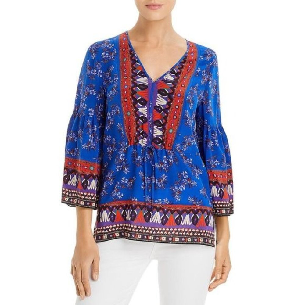 Kobi Halperin Blue Silk Butterfly Bell Sleeve Floral VNeck Blouse Mina Tunic Top